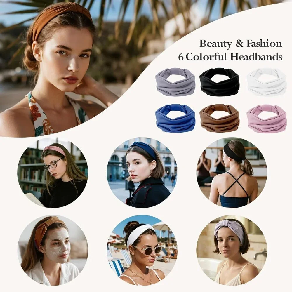 Women Headbands Cotton Blend 6-Pack Non-Slip Thick Stretchy Fashion